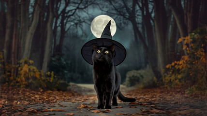 Naklejka premium Black cat wearing witch hat, dark forest, Halloween magic, spooky fun. 