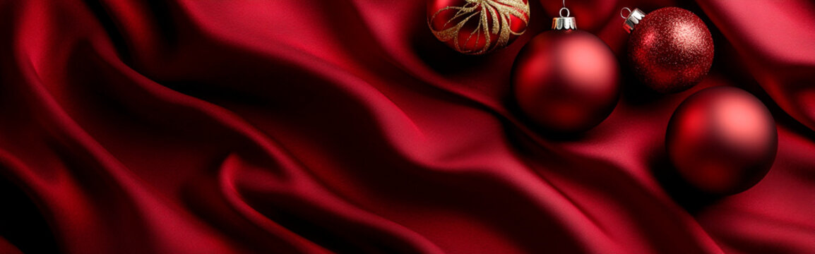 Vista superior de tejido de seda rojo oscuro con adornos navide&ntilde;os, fotorrealista