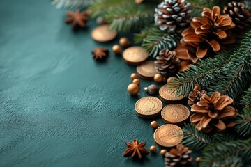 Green Christmas tree branches with golden antique coins. Vintage vibe with pastel green background and big copy space.
