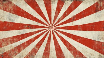A retro circus design featuring swirling rays and a distressed texture, showcasing a red and white sunburst pattern set against a vintage summer fair or tent backdrop.