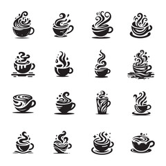 Fluid Coffee Cup Silhouette Icon Set, Featuring Creative and Stylish Vector Designs with Curved and Fluid Shapes, Perfect for Logos, Branding, and Modern Designs, Isolated on Clean White Background
