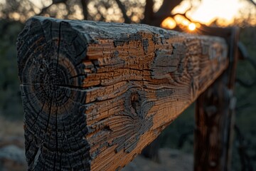 Fototapeta premium Close-up of a weathered wooden beam with a blurred background of trees and a sunset.