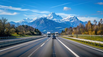 Fototapeta premium cars driving on the highway with white truck and mountain peak in background