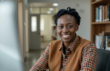 self motivation at the workplace, joy and friendliness, wool waistcoat and button-up shirt, minimal background at early morning, black trans person business portrait
