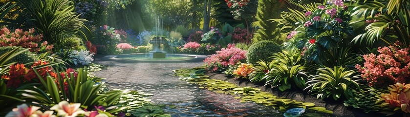 An incredibly lifelike and realistic photo of a sprawling garden, filled with an array of vibrant flowers, lush greenery, and a trickling fountain