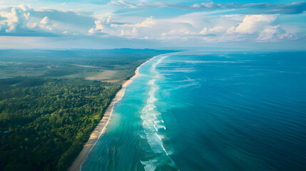 Aerial View of Tropical Beach with Lush Forest and Azure Sky