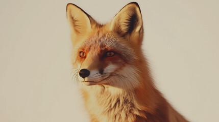 Obraz premium a fox with bright orange fur and alert eyes against an isolated light ivory background, the soft light casts gentle shadows on the fox, creating intricate patterns