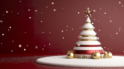Trendy and modern 3D Christmas with a dark red, white, and gold centerpiece Christmas tree, snow, caroling, and a simple background ratio 16:9