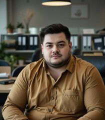 Obraz premium skepticism and team spirit, contemporary trousers and v-neck shirt, new client services manager sitting, delicate and vivid, yellow black, business portrait