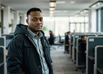 Fototapeta premium procurement officer standing, team spirit and gratitude, joining a new team at work, dark teal green, blurry foreground at mid-morning, business portrait