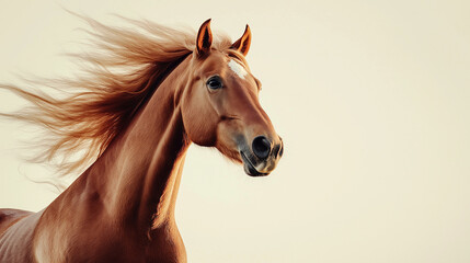 Obraz premium a horse with a glossy chestnut coat and a flowing mane against an isolated light ivory background, the soft light casts gentle shadows on the horse, creating intricate patterns