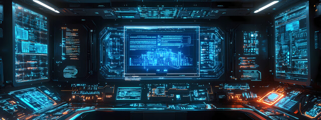 Obraz premium Futuristic AI System Interface with Neon Schematics