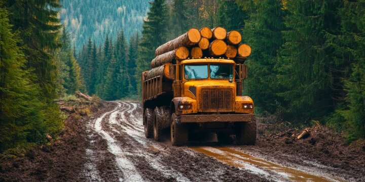 A Heavy Logging Truck Transporting Timber Through Dense Forest, Navigating Tough Terrain