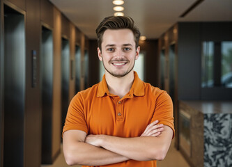 young executive assistant stands, smart casual clothing modern attire and polo shirt, new role at work, professional light, dark orange, business portrait