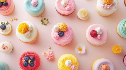 A colorful assortment of decorated cupcakes arranged aesthetically on a pastel background.