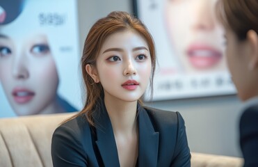 Woman in formal attire, receiving facial consultation at an aesthetic clinic, seated on a couch