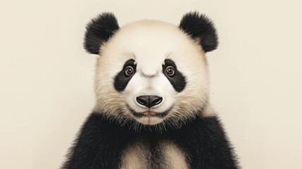 Naklejka premium a panda with black and white fur and gentle, expressive eyes against an isolated light ivory background, the soft light casts gentle shadows on the panda, creating intricate patterns