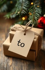 Empty tag labeled to on brown gift box, wooden table, Christmas tree background scene