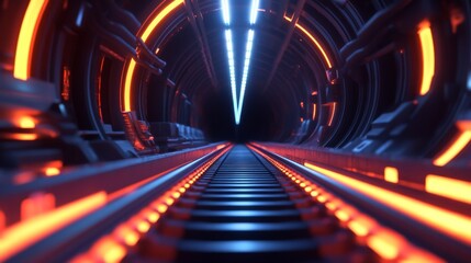 A close-up of train tracks leading into a futuristic tunnel, with dynamic lighting effects, capturing the excitement and speed of high-speed rail travel.