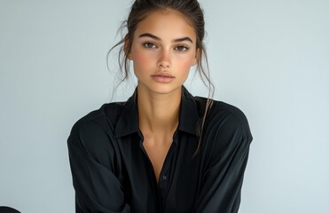 Athletic woman in black leggings and oversized shirt poses confidently, hair tied back stylishly