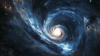 black hole nestled within a beautiful white spiral galaxy, representing the depths of space exploration and the complexities of astrophysical phenomena
