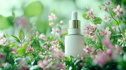 Elegant cosmetic dropper bottle among pink flowers and greenery with a soft green bokeh background, highlighted by gentle light.