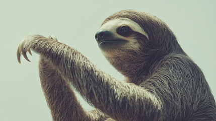 Naklejka premium a sloth with long arms and a peaceful expression against an isolated light ivory background, the soft light casts gentle shadows on the sloth, creating intricate patterns