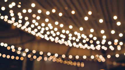 Warm white lights create a festive and romantic atmosphere perfect for a wedding or special event. 
