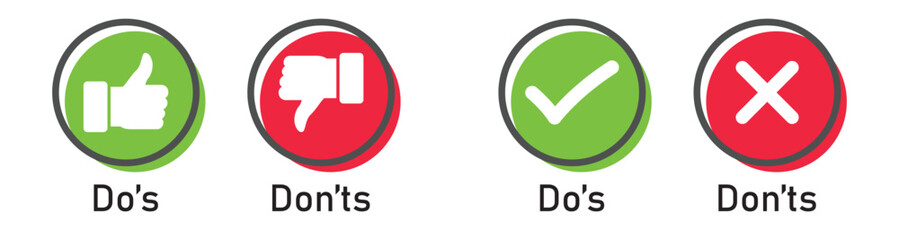 Obraz premium Do and Don't icons set. Like and dislike signs. Positive and negative symbols. Thumb up and thumb down icon collection. Check mark and X mark icon.