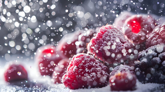 Frozen Raspberries with Water Drops - Close Up Photography