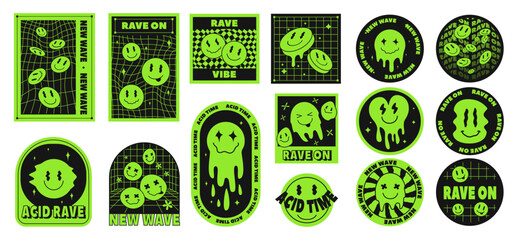 Psychedelic smile stickers. Trippy badges, neon green acid patches with melted emoji smiled face and hypnotic grid patterns, new wave emblems and 90s rave aesthetic music festival designs vector set