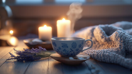 Fototapeta premium a serene, nighttime kitchen scene with chamomile, lavender, and valerian root displayed in delicate ceramic bowls and a steaming cup of chamomile tea at the center, releasing gentle wisps of steam