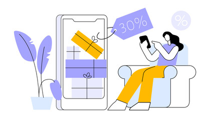 Woman sits in chair and makes purchases in online store.