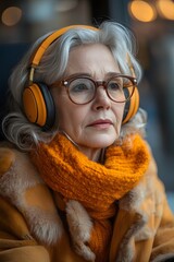 A mature older woman wearing wireless headphones, deeply focused on e-learning through a laptop, sitting at a cozy table. Bright natural light fills the room, emphasizing modern education technology.