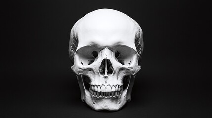 Fototapeta premium white human skull displayed on a black background, illustrating the beauty of anatomical detail while embodying themes of decay and horror
