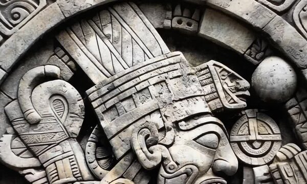 Stone relief of a deity with intricate carvings and glyphs