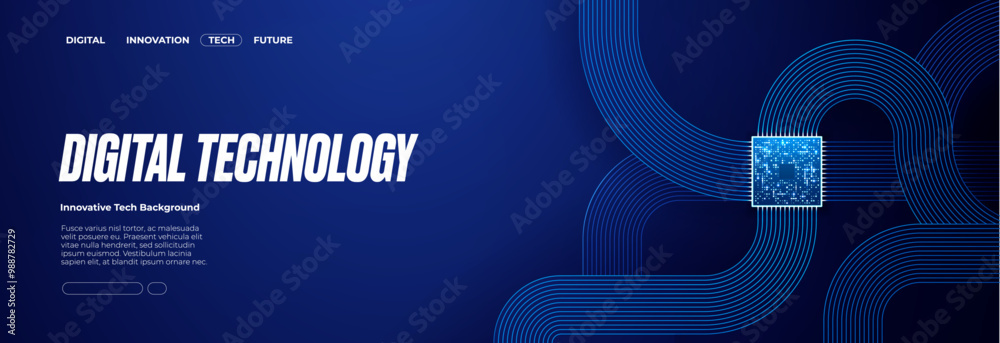 Aufkleber Horizontal technology background with AI semiconductor or chip and electronics parts with 3D effect. CPU processor on circuit motherboard. Tech bg in dar electric blue. Vector digital illustration.