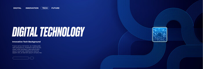 Horizontal technology background with AI semiconductor or chip and electronics parts with 3D effect. CPU processor on circuit motherboard. Tech bg in dar electric blue. Vector digital illustration.