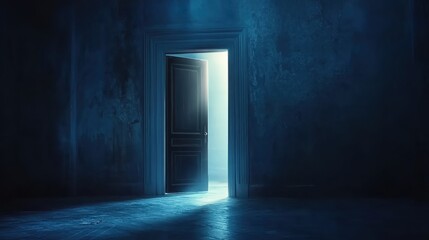 A door in the dark room opens, and light shines through, illuminating part of it.