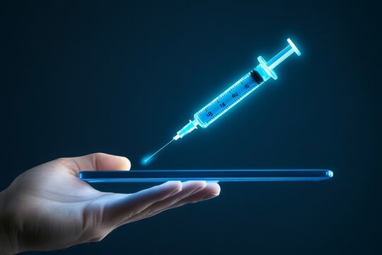 syringe icon emerging from a digital tablet. Smart Injection Digital Vaccination and Health Tracking, Healthcare and Immunization Management. medical treatment. - Powered by Adobe