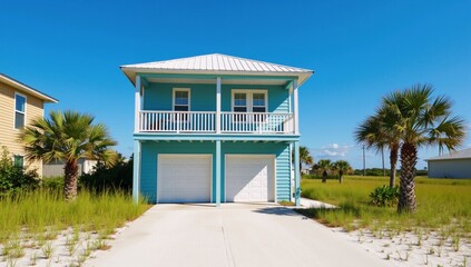 A blue house with two garages on the side of it.