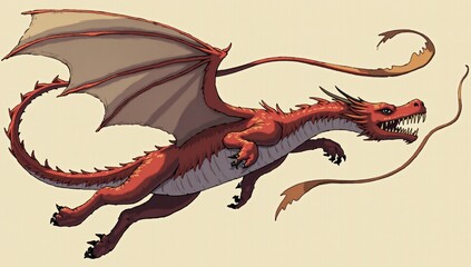 A drawing of a red dragon flying through the air.
