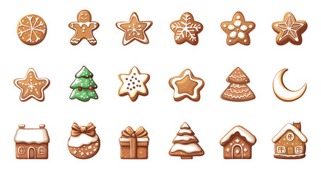 Gingerbread christmas cookies set. Delicious house present box moon ginger man. Homemade festive decorations. Figures covered by icing sugar. Noel holiday sweet dessert. Cartoon style isolated vector