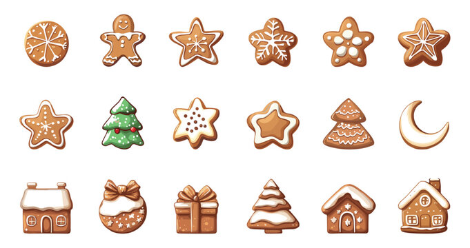 Gingerbread christmas cookies set. Delicious house present box moon ginger man. Homemade festive decorations. Figures covered by icing sugar. Noel holiday sweet dessert. Cartoon style isolated vector