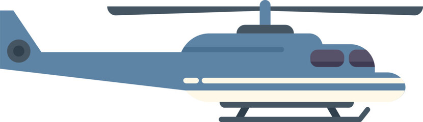 Blue helicopter hovering in the air with spinning blades, a side view of aircraft in flat style