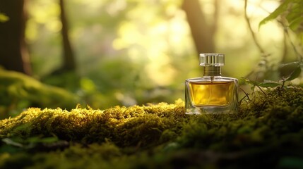 Close-up of a glass perfume bottle resting on soft moss, illuminated by sunlight in a lush forest.