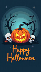 A jack-o-lantern in front of a dark forest with two skulls and bats, and the words "Happy Halloween" are written in orange below it.