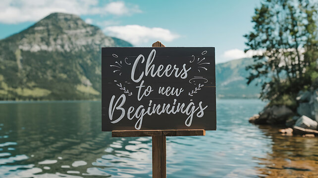 Black chalkboard sign with white lettering,  "Cheers to new beginnings"  on a lakeside with mountain backdrop,  inspirational quote for new beginnings. 

