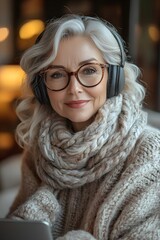 Smiling older woman engaging with a virtual lesson on her laptop, headphones on. Cozy living room with soft colors enhancing the focus on modern education.