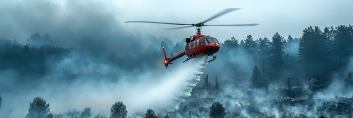 Helicopter combatting a wildfire by dropping water